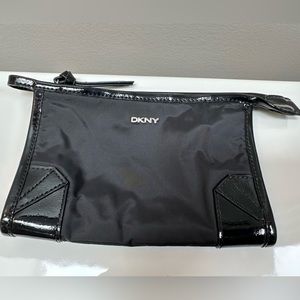 DKNY black satin clutch with patent leather trim